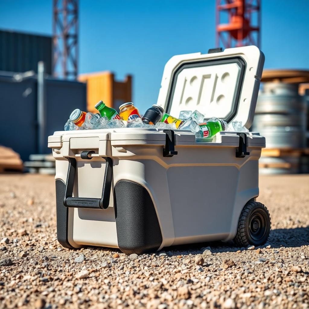 Heavy-duty jobsite cooler packed with ice and cold drinks on a San Diego construction site
